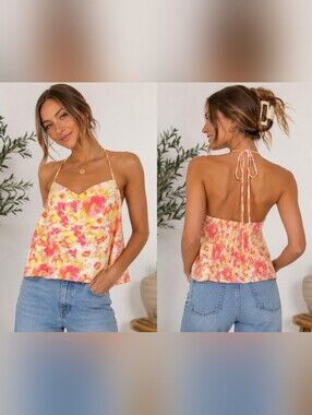 old navy floral halter top xl pink yellow smocked y2k boho linen blend camisole